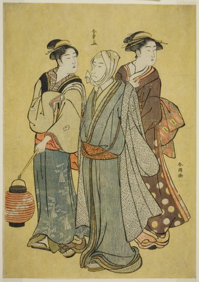 Ein junger Mann, gekleidet als Schauspieler der Ichikawa-Familie (von Shunsho), ein Dienstmädchen und eine Geisha (von Shuncho) von Katsukawa Shunsho