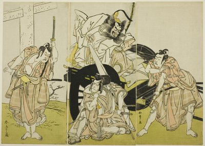 Schauspieler Nakajima Mihoemon II als Fujiwara no Shihei, Ichikawa Ebizō III als Matsuo-maru, Ichikawa Yaozō II als Sakura-maru und Ichimura Uzaemon IX als Umeo-maru in „Sugawaras Geheimnisse der Kalligraphie“ („Sugawara denju tenarai kagami“) von Katsukawa Shunsho
