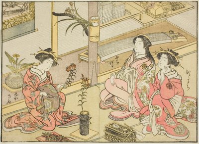 Kurtisanen des Kadotsutaya, aus dem Buch "Spiegel der schönen Frauen der Vergnügungsviertel (Seiro bijin awase sugata kagami)," Bd. 1 von Katsukawa Shunsho
