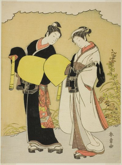 Liebende als Komuso-Mönche in einer Herbstlandschaft von Katsukawa Shunsho