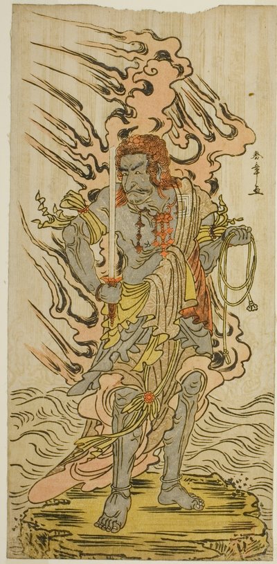 Der Schauspieler Ichikawa Danjuro V als Steinbild von Fudo Myoo im Stück Kitekaeru Nishiki no Wakayaka, aufgeführt im Nakamura Theater im elften Monat, 1780 von Katsukawa Shunsho