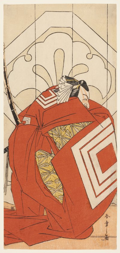 Der Schauspieler Ichikawa Danjuro V in einer "Shibaraku"-Rolle, wahrscheinlich als Kato Hyoeisa Shigemitsu, in der dritten Szene des Stücks Masakado Kammuri no Hatsuyuki (Der erste Schnee auf Taira no Masakados Hofkrone), aufgeführt im Nakamura-Theater im  von Katsukawa Shunsho