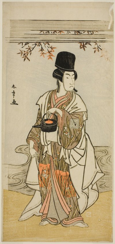 Der Schauspieler Ichikawa Monnosuke II als Hofdiener Shoheida Sadamori im Stück Masakado Kammuri no Hatsuyuki, aufgeführt im Nakamura-Theater im elften Monat, 1777 von Katsukawa Shunsho