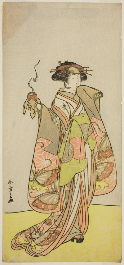 Der Schauspieler Ichikawa Monnosuke II als Kurtisane Kewaizaka no Shosho im Stück Sono Kyodai Fuji no Sugatami, aufgeführt im Morita-Theater im ersten Monat, 1776 von Katsukawa Shunsho
