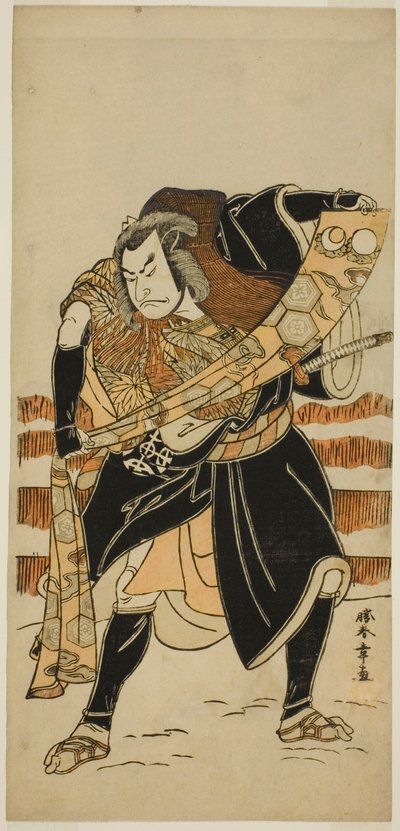 Der Schauspieler Nakamura Nakazo I als Abe no Sadato (?) im Stück Date Nishiki Tsui no Yumitori (?), aufgeführt im Morita-Theater (?) im elften Monat, 1778 (?) von Katsukawa Shunsho