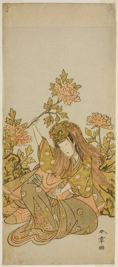 Der Schauspieler Nakamura Noshio I in einem "Shak-kyo Odori" (Steinbrückentanz), im Stück Onna Aruji Hatsuyuki no Sekai, aufgeführt im Morita Theater im elften Monat, 1773 von Katsukawa Shunsho
