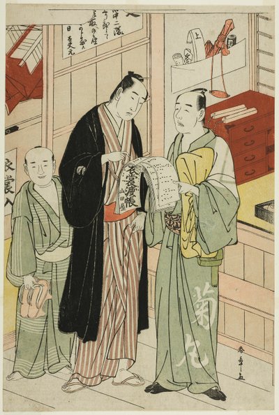 Der Schauspieler Onoe Matsusuke I im Garderobenraum eines Theaters von Katsukawa Shunsho