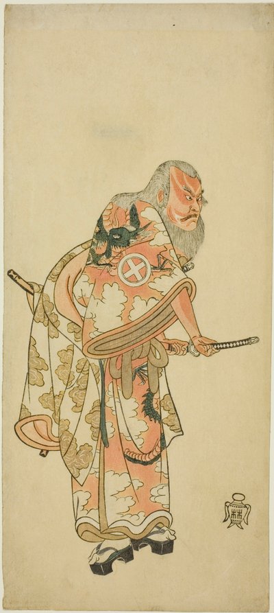 Der Schauspieler Otani Hiroemon III als Hige no Ikyu in der Szene „Sukeroku“ im Stück "Hitokidori Harutsuge Soga" ("Das Soga-Stück: Ankündigung der Frühlingssaison durch die Buschgrasmücke") von Katsukawa Shunsho