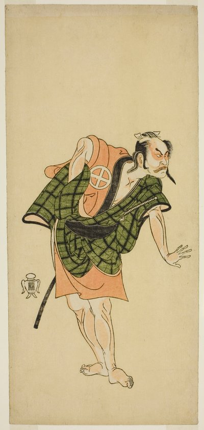Der Schauspieler Otani Hiroji III als Onio Shinzaemon (?) im Stück Bunshin Sugatami Soga (?), aufgeführt im Morita Theater (?) im zweiten Monat, 1765 (?) von Katsukawa Shunsho