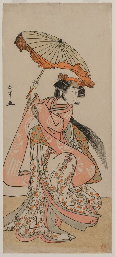 Der Schauspieler Segawa Kikunojo II tanzt mit einem Sonnenschirm von Katsukawa Shunsho