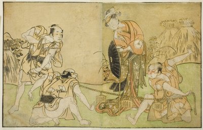 Die Schauspieler Bando Zenji I als Nagahashi Saburo, Iwai Hanshiro IV als Otatsu-gitsune, Nakamura Konozo als Hagai Ujitsune und ein nicht identifizierter Schauspieler (von rechts nach links), im Stück Nue no Mori Ichiyo no Mato, aufgeführt im Nakamura The von Katsukawa Shunsho