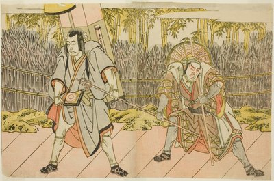 Die Schauspieler Ichikawa Danzo IV als Arakawa Taro Takesada verkleidet als Sänftenträger Tarobei (rechts) und Ichikawa Danjuro V als Abe no Sadato verkleidet als Pilger Kuriyagawa Jirodayu (links), im Stück Godai Genji Mitsugi no Furisode, aufgeführt im von Katsukawa Shunsho