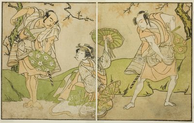 Die Schauspieler Ichikawa Somegoro (rechts), Segawa Kikunojo II (Mitte) und Bando Sampachi (links) in nicht identifizierten Rollen im Stück Myoto-giku Izu no Kisewata, aufgeführt im Ichimura-Theater im elften Monat, 1770 von Katsukawa Shunsho