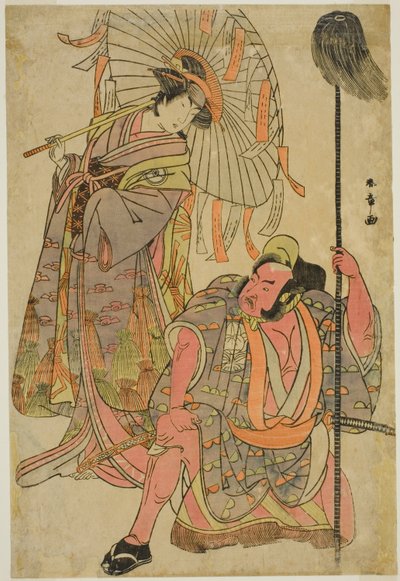 Die Schauspieler Ichimura Uzaemon IX als Hata no Daizen Taketora verkleidet als Yakko Matahei (rechts) und Iwai Hanshiro IV als Umegae verkleidet als Gedichtdeuterin Omatsu (links), im Stück Mukashi Otoko Yuki no Hinagata, aufgeführt im Ichimura-Theater von Katsukawa Shunsho