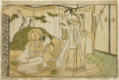 Die Schauspieler Nakamura Nakazo I als Taira no Kiyomori (rechts) und Yamashita Kinsaku II als Tokiwa Gozen (links), im Stück Nue no Mori Ichiyo no Mato, aufgeführt im Nakamura-Theater im elften Monat, 1770 von Katsukawa Shunsho