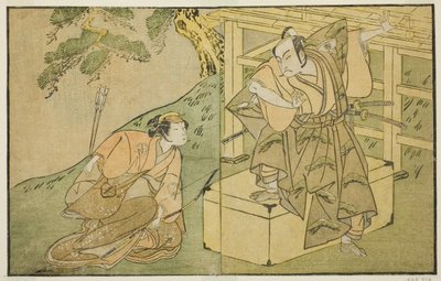 Die Schauspieler Onoe Matsusuke I als Akaboshi Taro (rechts) und Azuma Tozo II als Shirotae (links) im Stück Kono Hana Yotsugi no Hachi no Ki, aufgeführt im Ichimura Theater im elften Monat, 1771 von Katsukawa Shunsho