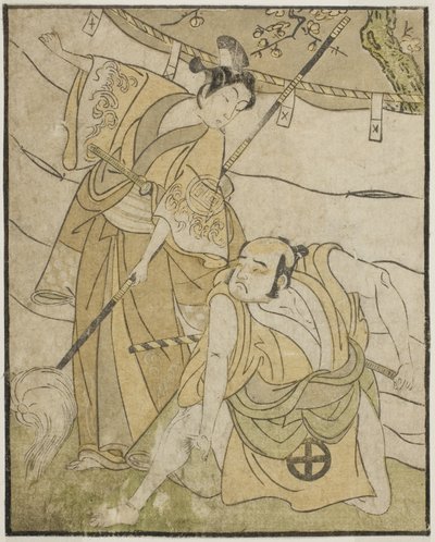 Die Schauspieler Otani Tomoemon I als Emohei (rechts) und Sanogawa Ichimatsu II als Sanada Yoichi (links) im Stück Myoto-giku Izu no Kisewata, aufgeführt im Ichimura-Theater im elften Monat, 1770 von Katsukawa Shunsho