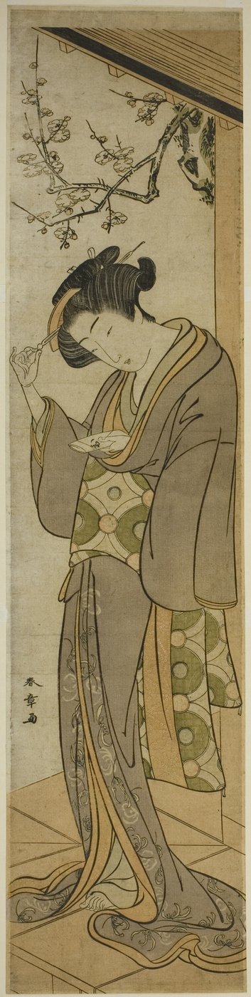 Frau auf einer Veranda, die im Begriff ist, einen Brief zu öffnen von Katsukawa Shunsho