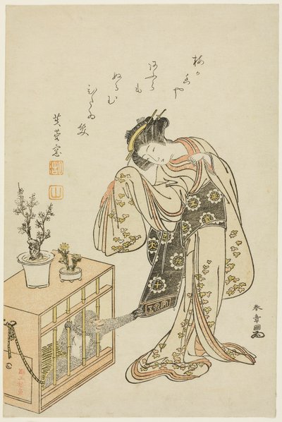 Junge Frau mit einem eingesperrten Affen (Kalenderdruck für Neujahr 1776) von Katsukawa Shunsho