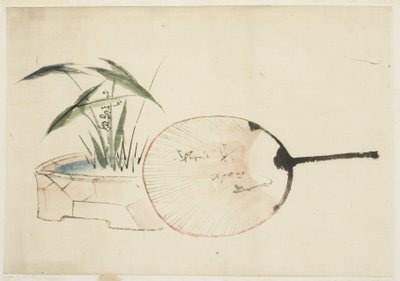 Fächer und Pflanzenarrangement von Katsushika (school of) Hokusai