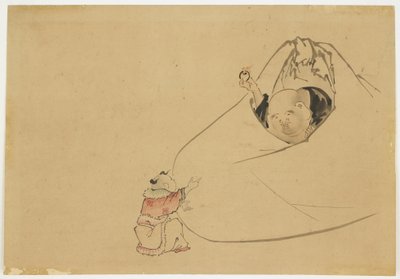 Hotei bietet einem kleinen Jungen ein flammendes Juwel an, ca. 1850 von Katsushika (school of) Hokusai