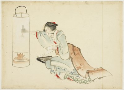 Dame, die eine Lampe einstellt, ca. 1815-1849 von Katsushika (school of) Hokusai