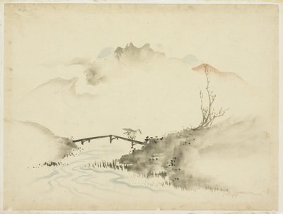 Landschaft mit Bauer, der eine Brücke überquert, 1615-1868 von Katsushika (school of) Hokusai
