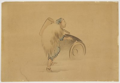 Mann mit Hammer rollt Fass, um 1850 von Katsushika (school of) Hokusai