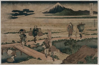 Ein Blick auf den Berg Fuji und Reisende an einer Brücke, ca. 1835 von Katsushika Hokusai