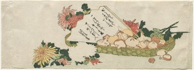 Korb mit Fächer, Chrysanthemen und Pilzen von Katsushika Hokusai