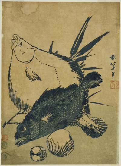 Plattfisch, Skorpionfisch und Muscheln, aus einer unbetitelten Serie von Chuban-Drucken von Katsushika Hokusai