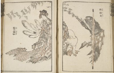 Japanische Frau, ein weißer Fuchs mit 9 Schwänzen und ein Affe von Katsushika Hokusai