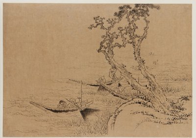 Landschaft: Figuren beim Angeln von Booten, spätes 18. - frühes 19. Jahrhundert von Katsushika Hokusai