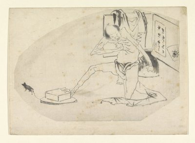Mann im Lendenschurz, eine Kiste und eine Maus von Katsushika Hokusai