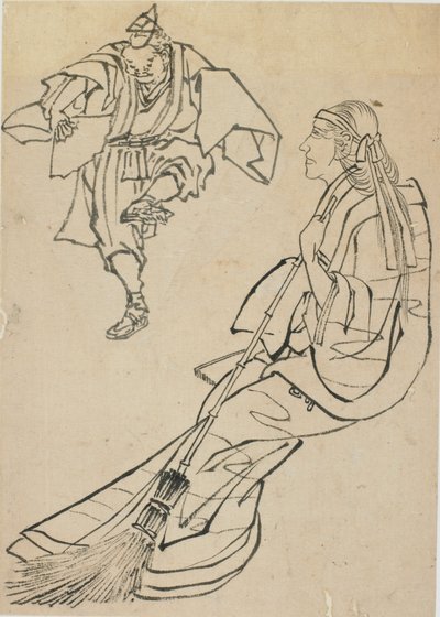 Alte Frau sitzt auf einer Bank, vor der ein Mann mit Fächer tanzt von Katsushika Hokusai