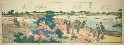 Seiten aus dem illustrierten Buch "Panoramablicke entlang der Ufer des Sumida-Flusses (Ehon Sumidagawa ryogan ichiran)" von Katsushika Hokusai