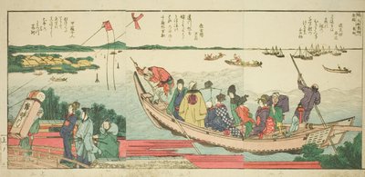 Seiten aus dem illustrierten Buch "Panoramablicke entlang der Ufer des Sumida-Flusses (Ehon Sumidagawa ryogan ichiran)" von Katsushika Hokusai