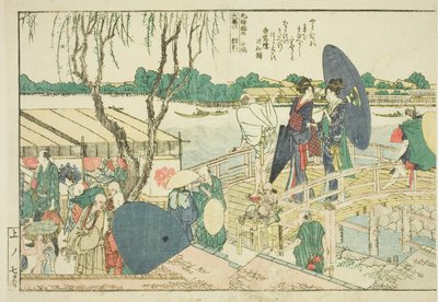 Seiten aus dem illustrierten Buch "Panoramablicke entlang der Ufer des Sumida-Flusses (Ehon Sumidagawa ryogan ichiran)" von Katsushika Hokusai