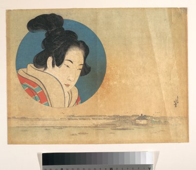 Porträt einer Frau in großem Kreis mit Landschaft darunter von Katsushika Hokusai