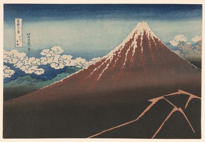 Regen unter dem Gipfel (Sanka hakuu), aus der Serie "Sechsunddreißig Ansichten des Berges Fuji (Fugaku sanjurokkei)" von Katsushika Hokusai