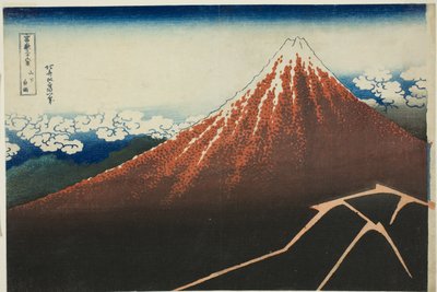 Regen unter dem Gipfel (Sanka hakuu), aus der Serie "Sechsunddreißig Ansichten des Berges Fuji (Fugaku sanjurokkei)" von Katsushika Hokusai