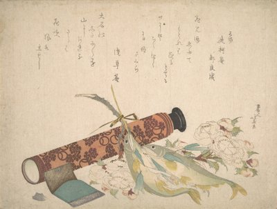 Stillleben: Doppelter Kirschblütenzweig, Teleskop, Süßfisch und Gewebekasten von Katsushika Hokusai