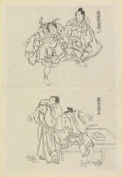 Twee toneelscènes, een met twee samoerai en een met twee figuren bij een tafel von Katsushika Hokusai