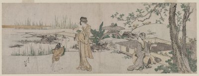 Zwei Frauen und ein Kind neben einem Goldfischbecken von Katsushika Hokusai