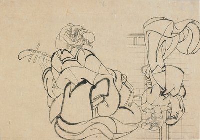 Zwei Skizzen: Dame spielt Samisen und Dame mit Rücken zum Betrachter, spätes 18. - frühes 19. Jahrhundert von Katsushika Hokusai