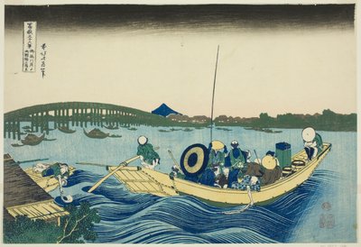 Sonnenuntergang über der Ryogoku-Brücke vom Onmaya-Damm aus gesehen, aus der Serie "36 Ansichten des Berges Fuji" von Katsushika Hokusai