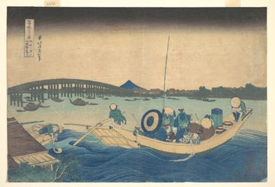 Den Sonnenuntergang über der Ryōgoku-Brücke vom Onmayagashi-Damm aus betrachten, aus der Serie Sechsunddreißig Ansichten des Berges Fuji von Katsushika Hokusai