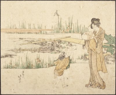 Frau und Kind im Garten; Fragment des Goldfischverkäufers von Katsushika Hokusai
