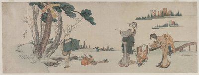 Frauen lenken ein Kind ab, dessen Drachen in einem Baum hängen geblieben ist von Katsushika Hokusai