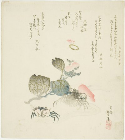Zwei Krabben bei einem Kamelienzweig von Katsushika Taito II